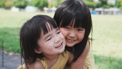 夏の芝生の公園で元気に遊ぶ姉妹