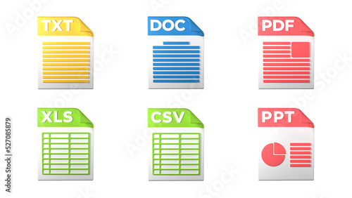 File format extensions. txt, doc, pdf, ppt, xls, csv file format document icons. Transparent background. 3D Rendering