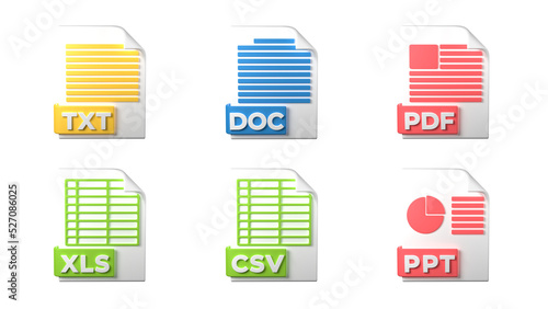 File format extensions. txt, doc, pdf, ppt, xls, csv file format document icons. Transparent background. 3D Rendering