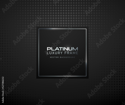 Black square with platinum thin frame luxury banner. Silver text on black square label frame. Dark geometric dots pattern background. Black friday vector illustration
