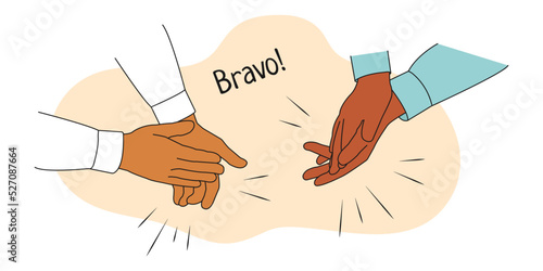 Hands of multicultural Business people Applaud. Cheering, ovation, Applauding concept. People thank speaker or trainer for presentation. Excited Audience Clap after performance. Vector illustration.