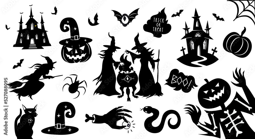 Naklejka premium Set of black Halloween silhouettes. Collection of Halloween themed items in black bold graphic style with witches, pumpkins, scary characters. Vector illustration isolated on white