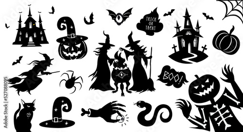 Set of black Halloween silhouettes. Collection of Halloween themed items in black bold graphic style with witches, pumpkins, scary characters. Vector illustration isolated on white