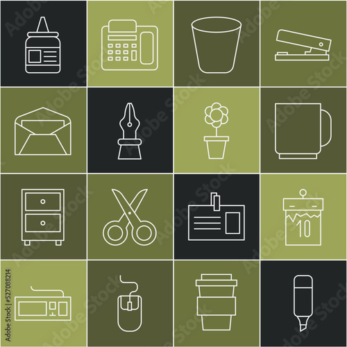 Set line Marker pen, Calendar, Coffee cup, Trash can, Fountain nib, Envelope, Glue and Flower pot icon. Vector