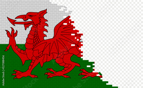Wales flag on broken brick wall. Empty flag field of another country. Country comparison. Easy editing and vector in groups.