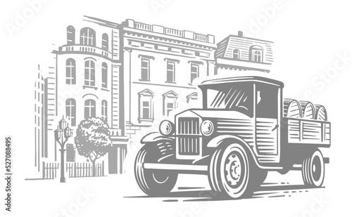 Vintage truck. Lorry in city with barrel.