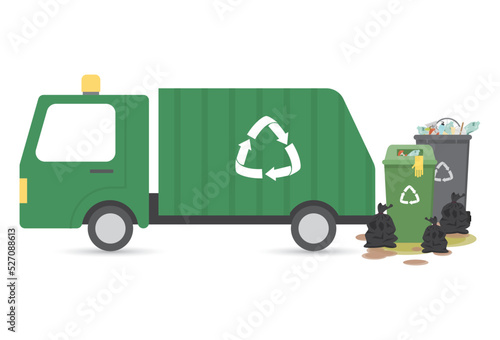 Garbage truck with garbage pile. Vector illustration.