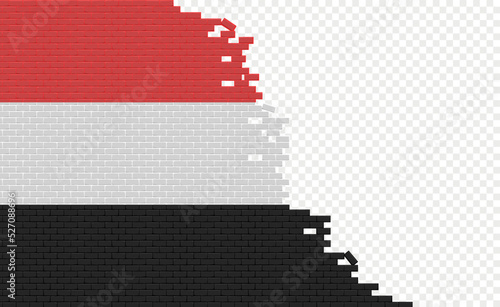 Yemen flag on broken brick wall. Empty flag field of another country. Country comparison. Easy editing and vector in groups.