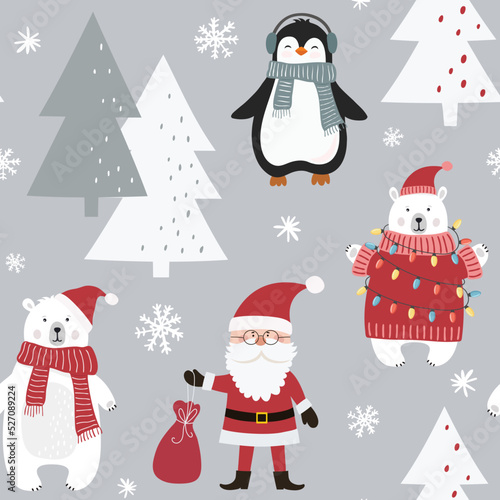 Christmas seamless pattern with Santa Claus, penguin, polar bear, christmas tree and snowflakes. Flat style.