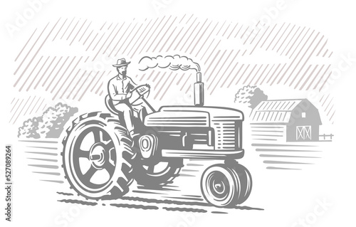 Old tractor with rural scene vector. Farmer driver