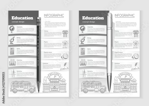 Education infographic concept design. Collection of symbols icons depicting various sciences - geography, biology, mathematics, chemistry, history, physics, physical education. Vector illustration
