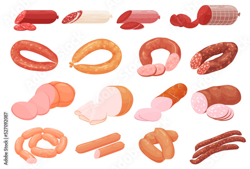 A set of different meat sausages of different cooking methods. Boiled, smoked, baked, fresh, delicious sausages. Vector illustration