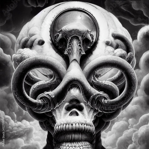 Fotobehang Supernatural skull deity in divine domain, connected to the flow of all weightless cloudy nightmare thoughts