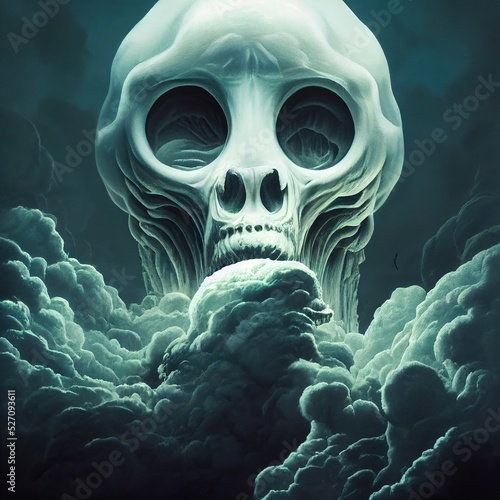 Supernatural skull deity in divine domain, connected to the flow of all weightless cloudy nightmare thoughts. Surreal macabre art, creepy and outrageously strange...   