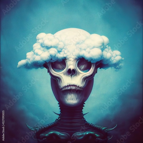 Supernatural skull deity in divine domain, connected to the flow of all weightless cloudy nightmare thoughts. Surreal macabre art, creepy and outrageously strange...    © SoulMyst