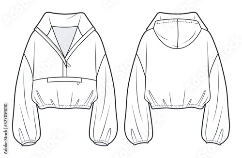 Hooded Crop Sweatshirt technical fashion Illustration.  Unisex Hoodie Jacket fashion flat technical drawing template, zip-up, owersize, front and back view, white, women, men, unisex CAD mock-up.