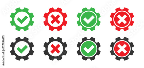 Gears with check mark and cross sign. Flat vector illustration. photo