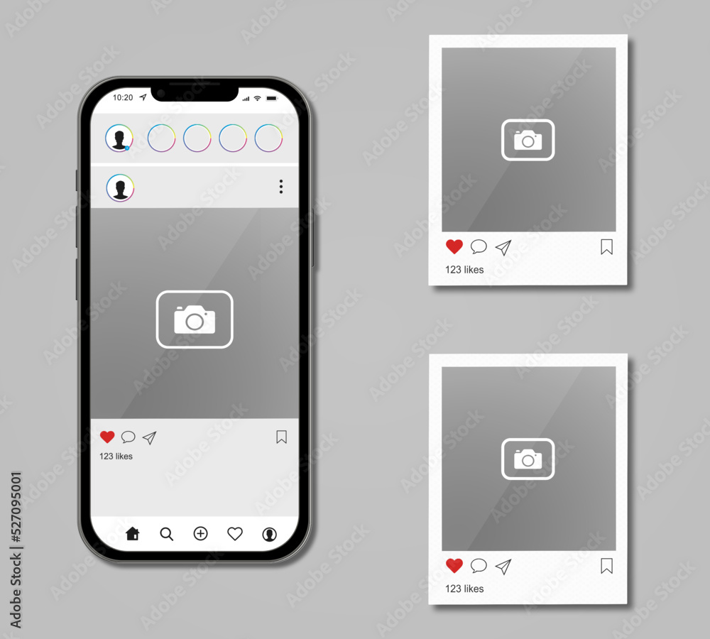 © Lianella R - phone with icons on white background, social media template, Social media mockup with cellphone,  stock vector.