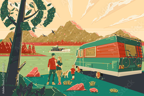 Family traveling with motorhome are eating breakfast on a beach. Travelers on an active family vacation.Vector illustration