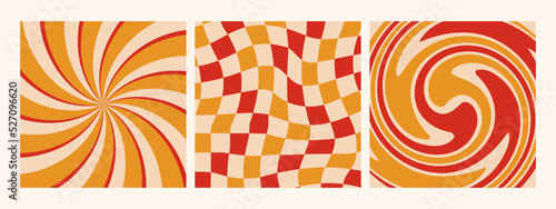Hippie retro 70s background collection. Abstract waves, swirl, twirl and checkered wallpapers. Vector illustration.
