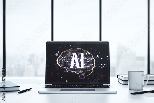 Creative artificial Intelligence concept with human brain hologram on modern laptop screen. 3D Rendering