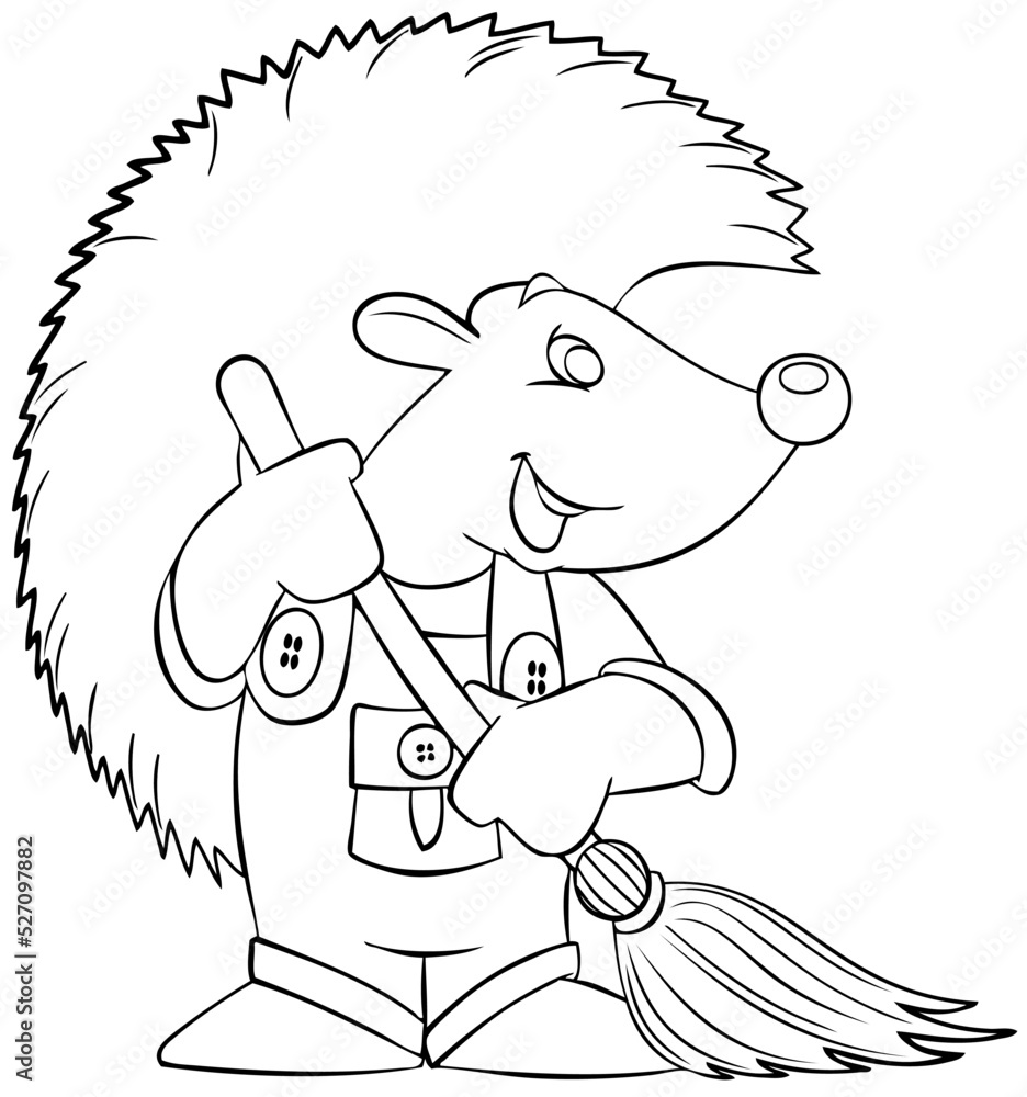 Fototapeta premium Hedgehog the cleaner. Element for coloring page. Cartoon style.