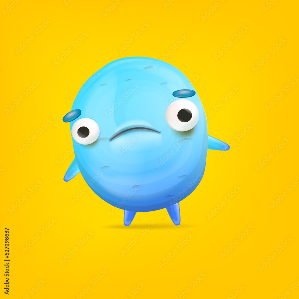 Vector cartoon funny blue alien monster isolated on yellow background. Sad  silly blue monster print sticker design template. Cute sad Ghost, troll,  gremlin, goblin, devil and halloween monster Stock Vector | Adobe