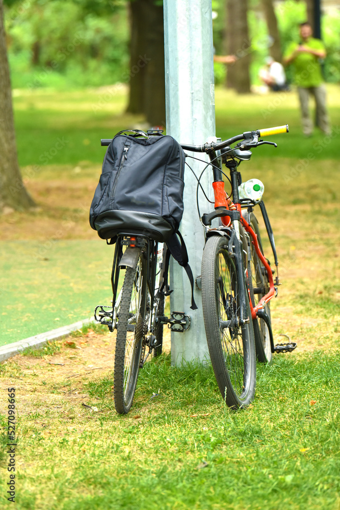 two bicycles near the pole. personal sports bikes in the park. High quality photo