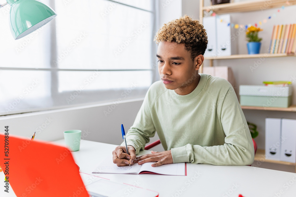 Young student man taking notes while using laptop computer. Hispanic latin teen boy studying online course at home Young student man taking notes while using laptop computer. Hispanic latin teen boy studying online course at home