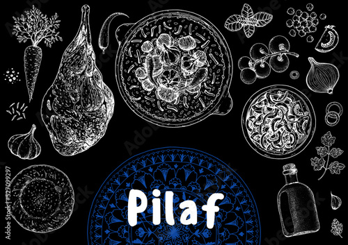 Pilaf cooking and ingredients for pilaf, sketch illustration. Middle eastern cuisine frame. Uzbek food, design elements. Hand drawn, package design. Arabic food