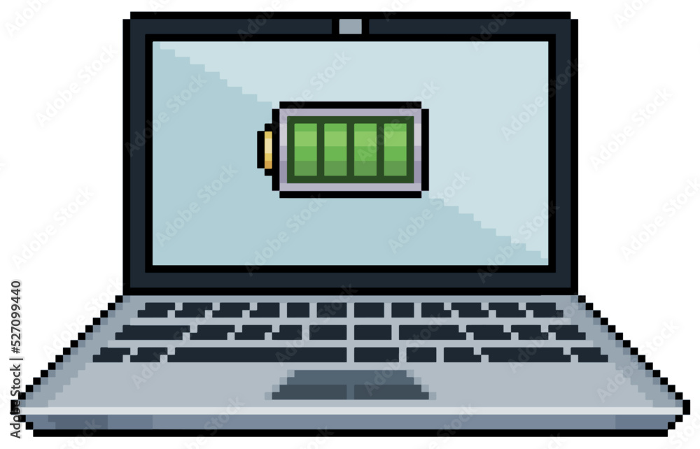 Pixel art laptop with charged battery icon, open laptop vector icon for 8bit game on white background Pixel art laptop with charged battery icon, open laptop vector icon for 8bit game on white background