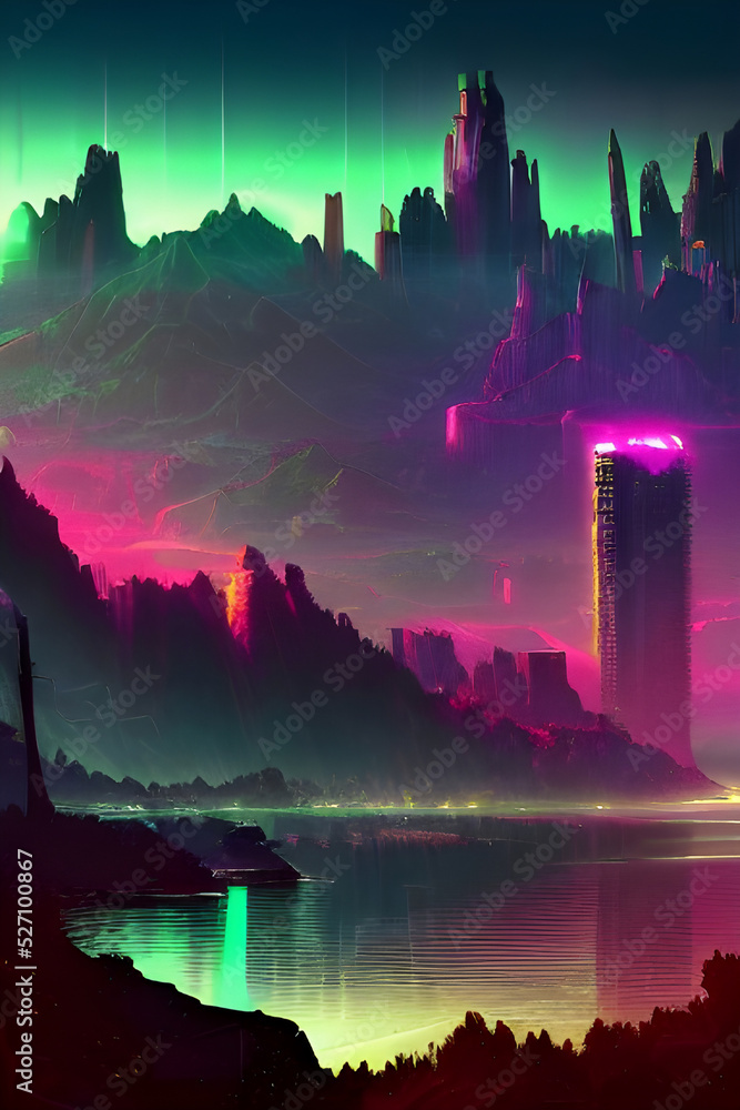 A 3d digital render of a cyberpunk city in the mountains with glowing pink tower and a lake reflecting the lights.