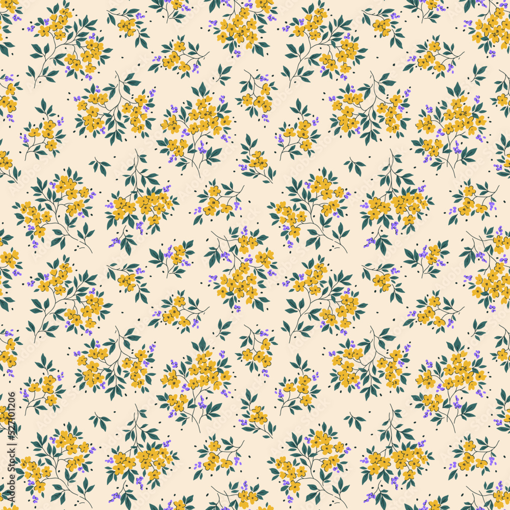 Vector seamless pattern. Pretty pattern in small flowers. Small yellow flowers. White ivory background. Ditsy floral background. The vintage template for fashion prints. Stock vector.