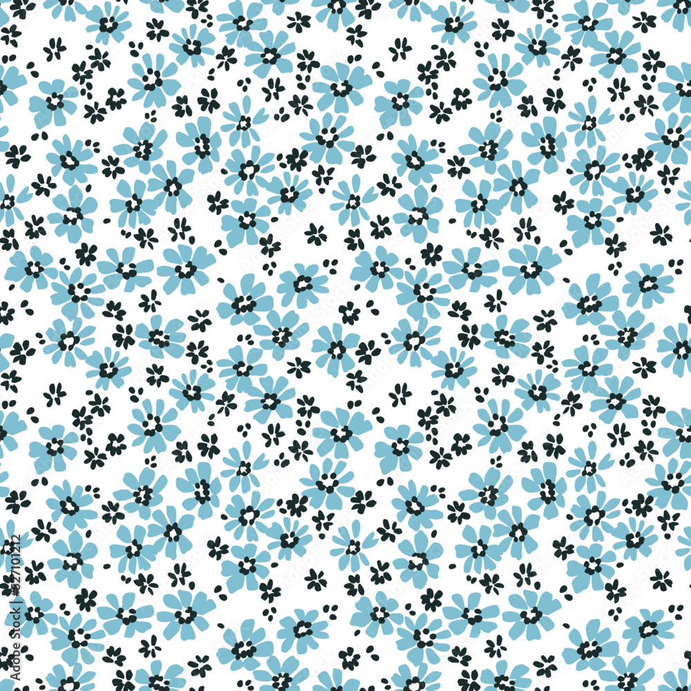 Trendy seamless vector floral pattern. Endless print made of small blue chamomile, daisy flowers. Summer and spring motifs. White background. Stock vector illustration. Trendy seamless vector floral pattern. Endless print made of small blue chamomile, daisy flowers. Summer and spring motifs. White background. Stock vector illustration.