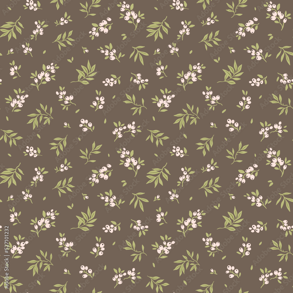 Cute floral pattern in the small berries and leaves. Seamless vector texture. Elegant template for fashion prints. Printing with small white flowers. Light brown background. Stock print.