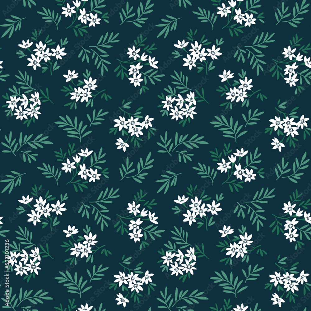 Cute seamless vector floral pattern. Endless print made of small white flowers. Summer and spring motifs. Dark blue background. Stock vector illustration. Cute seamless vector floral pattern. Endless print made of small white flowers. Summer and spring motifs. Dark blue background. Stock vector illustration.