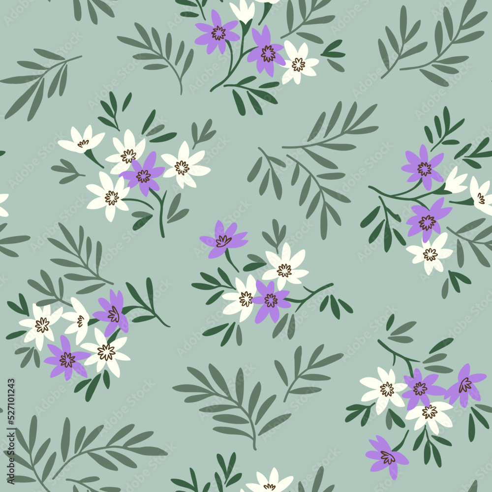 Vintage seamless floral pattern. Liberty style background of small white and lilac flowers. Small flowers scattered over a blue background. Stock vector for printing on surfaces. Abstract flowers.