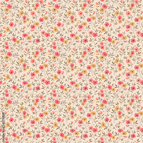 Vector seamless pattern. Pretty pattern in small flowers. Small pink and yellow flowers. Ivory background. Ditsy floral background. The vintage template for fashion prints. Stock vector.