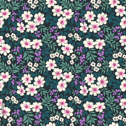 Cute seamless vector floral pattern. Endless print made of small white and purple flowers. Summer and spring motifs. Dark blue background. Stock vector illustration.