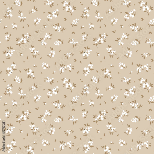 Beautiful floral pattern in small berries. Small white flowers. Light beige ivory background. Ditsy print. Floral seamless background. The elegant the template for fashion prints. Stock pattern.