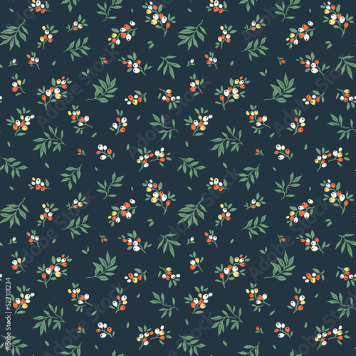 Cute floral pattern in the small berries and leaves. Seamless vector texture. Elegant template for fashion prints. Printing with small white and orange flowers. Dark blue background. Stock print.