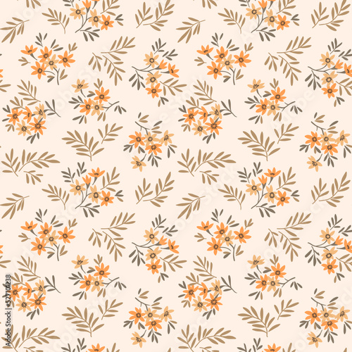 Vintage seamless floral pattern. Liberty style background of small yellow flowers. Small flowers scattered over a white background. Stock vector for printing on surfaces. Abstract flowers.
