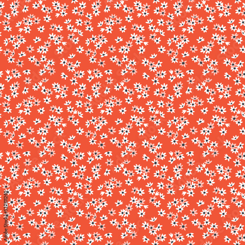 Cute floral pattern in the small flower. Seamless vector texture. Elegant template for fashion prints. Printing with small white  flowers. Orange red background. Stock print.