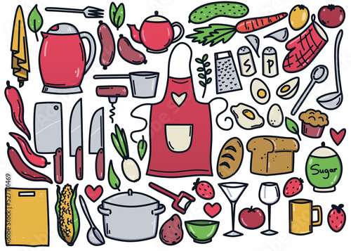 A package of kitchen objects in a cute cartoon style. Home furnishings, objects and products. Colored objects isolated on a white background.