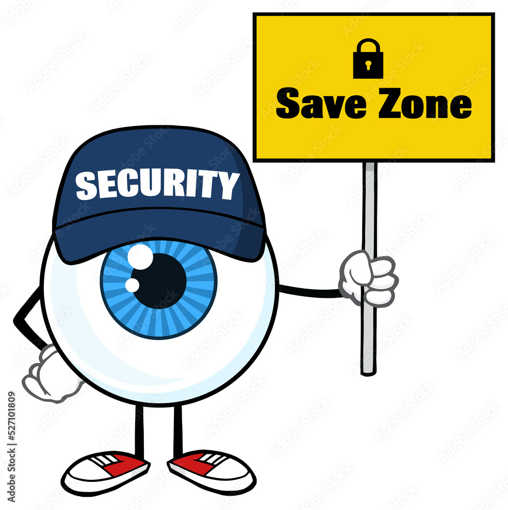 Secure Scene Cartoon Blue Eyeball Cartoon Mascot Character Security Guard Holding Up A Save ...