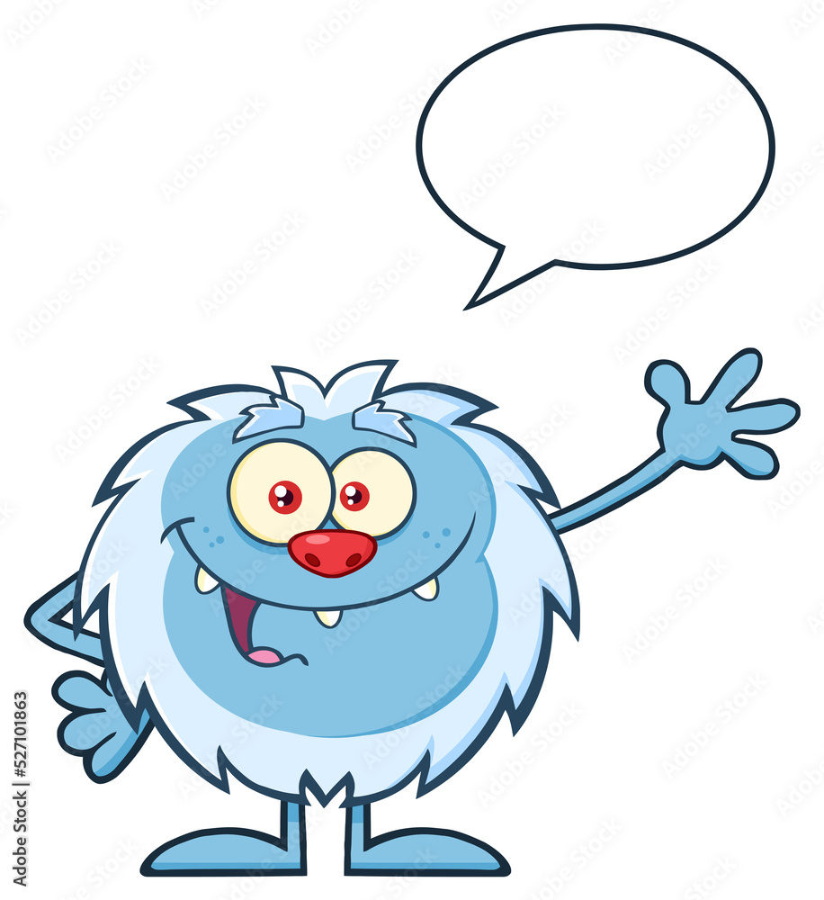 Cute Little Yeti Cartoon Mascot Character Waving For Greeting With Speech Bubble. Vector Hand Drawn Illustration Isolated On Transparent Background Cute Little Yeti Cartoon Mascot Character Waving For Greeting With Speech Bubble. Vector Hand Drawn Illustration Isolated On Transparent Background