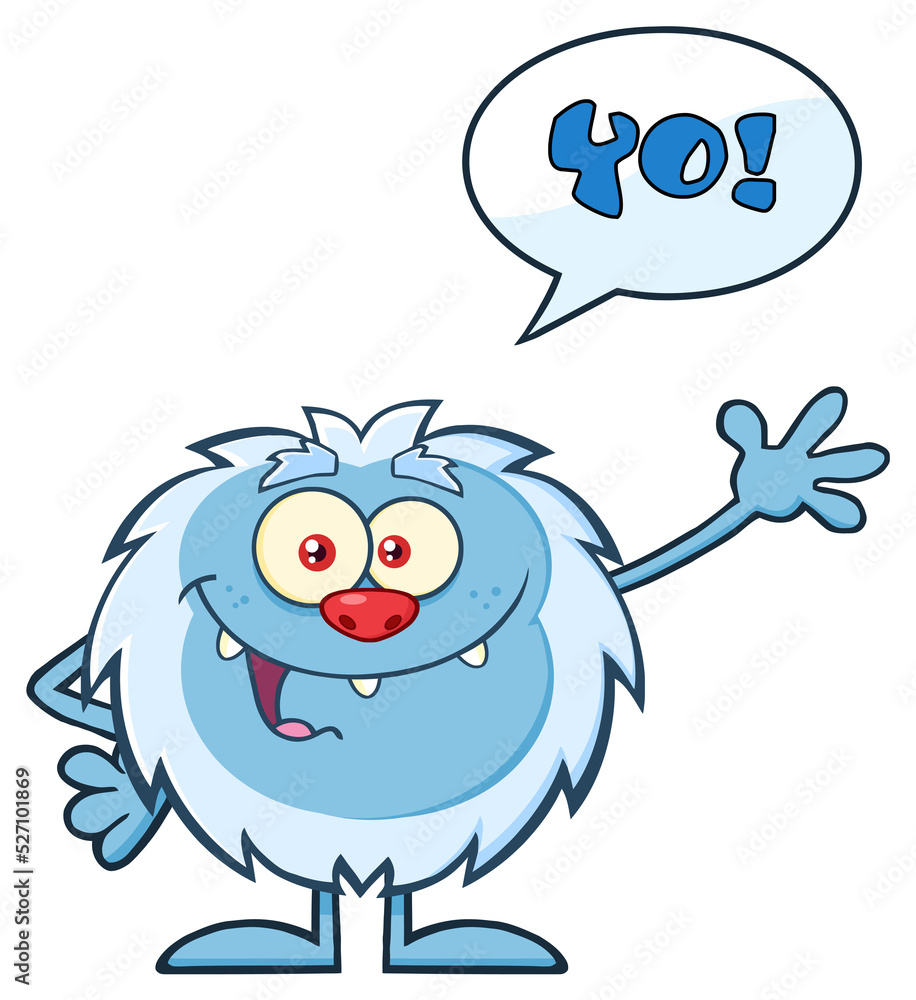 Naklejka premium Smiling Little Yeti Cartoon Mascot Character Waving For Greeting With Speech Bubble And Text Yo!. Vector Hand Drawn Illustration Isolated On Transparent Background