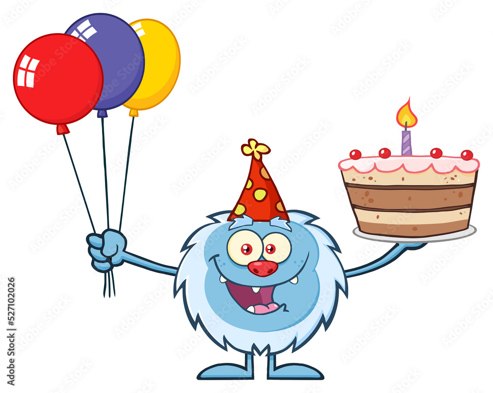 Fototapeta premium Happy Little Yeti Cartoon Mascot Character Wearing A Party Hat And Holding Balloons And A Birthday Cake. Vector Hand Drawn Illustration Isolated On Transparent Background