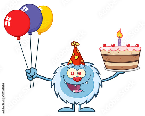 Happy Little Yeti Cartoon Mascot Character Wearing A Party Hat And Holding Balloons And A Birthday Cake. Vector Hand Drawn Illustration Isolated On Transparent Background