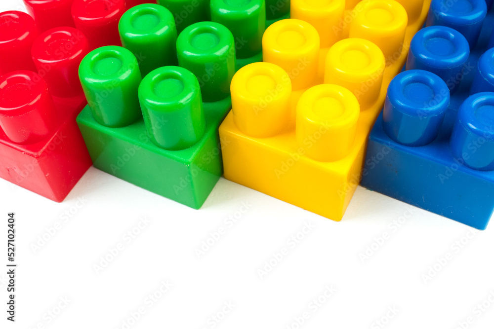 Educational toy, constructor for children Isolated on white background. Top view with copy space. Educational toy, constructor for children Isolated on white background. Top view with copy space.